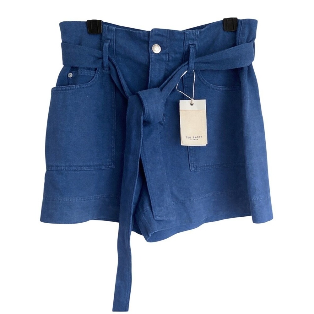 Ted Baker London Danikii‎ High Waisted Denim Shorts Navy Blue Tie Waist Size 32